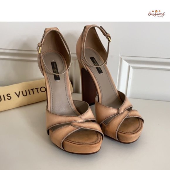 Authentic Louis Vuitton Nude Brown Distressed Leather Open Toe Platform Heel 7.5 - Picture 13 of 14